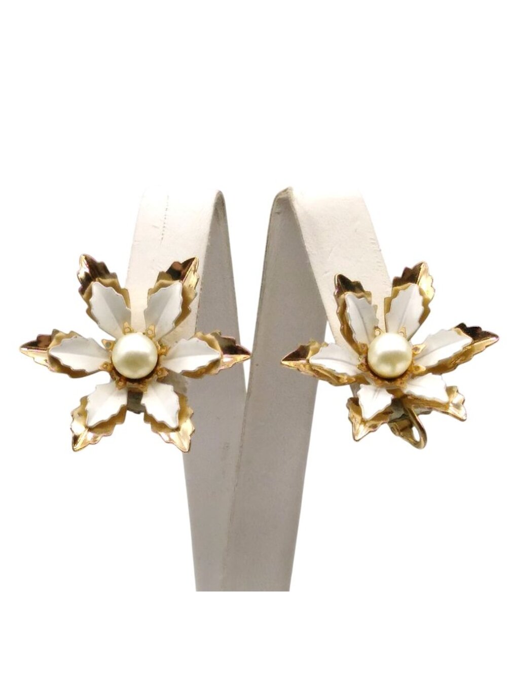 Vintage Emmons Flower Earrings, Gold Tone and White Floral Clip Ons with Pearl